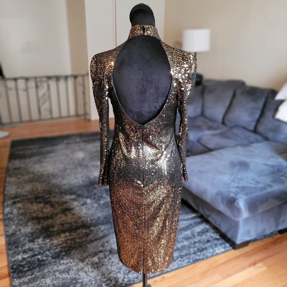 Vintage Sequin Long Sleeve Midi Dress - Gold - Size 8 - Picture 3 of 16